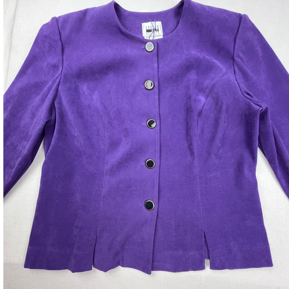 Leslie Fay Petite Purple Faux Suede Collarless Button Front Blazer Jacket 10P